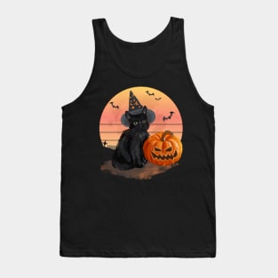 Black Cat With Pumpkin Moon and Bats Halloween Watercolor Painting Tank Top